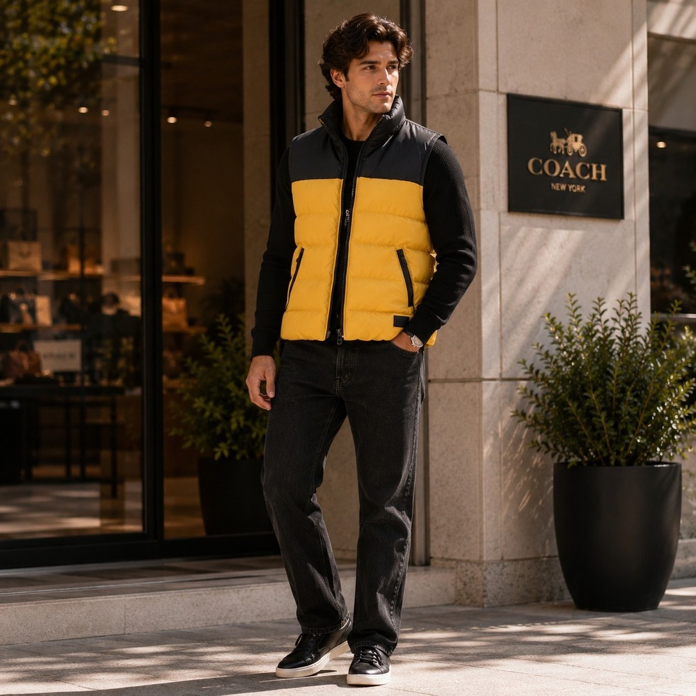 COACH Mens New Vest Black Yellow LARGE Full Zip Puffer Down Outdoor F85843